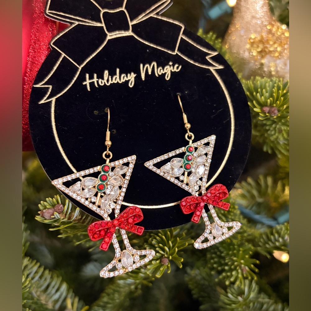 Martini Glass Rhinestone Earrings with Red bow  and sparkly olives